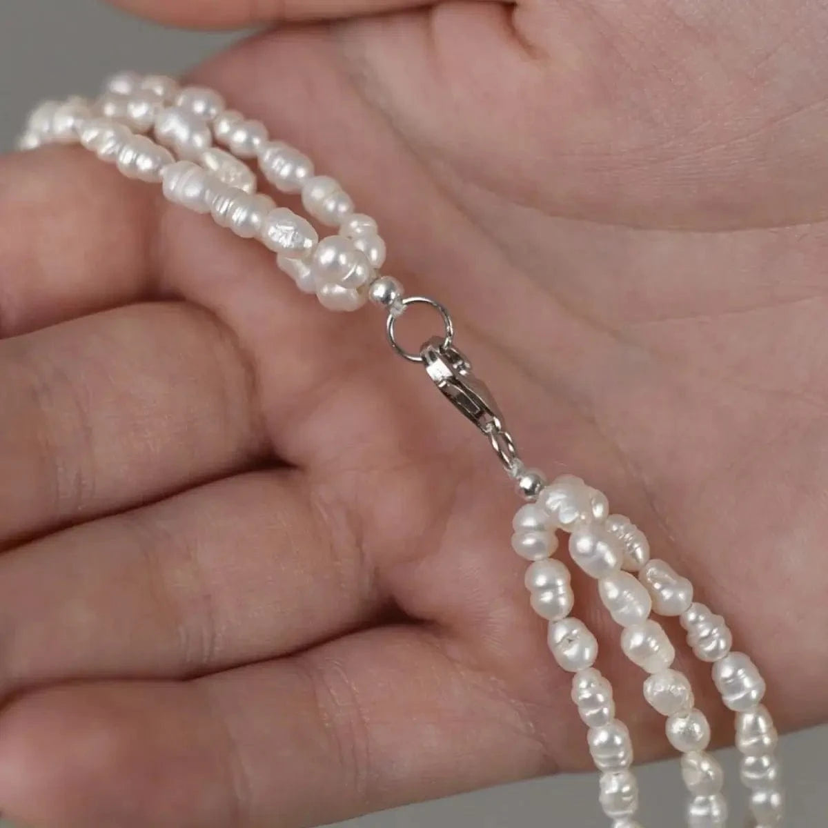 3 Row Premium Choker with White Baroque Rice Pearls 4 mm, Silver photo