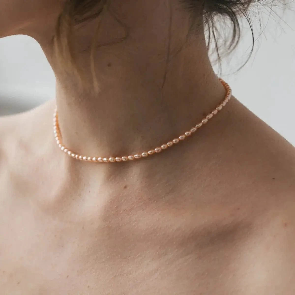 Choker with peach rice pearl 3 mm silver photo