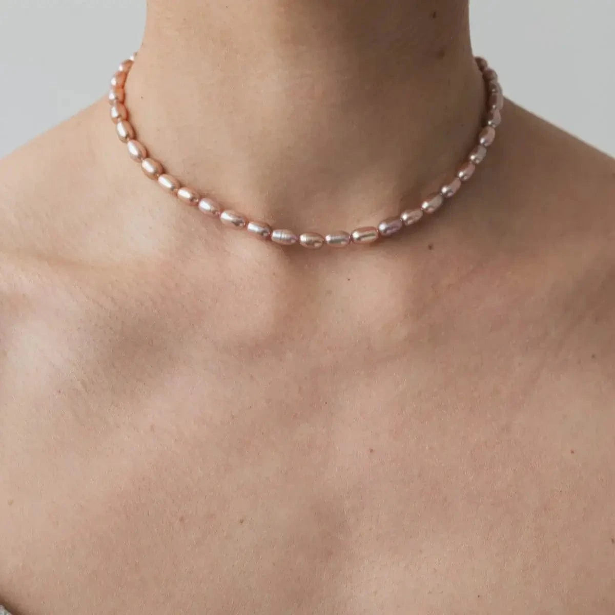 Choker with pink rice pearl 6 mm, silver photo