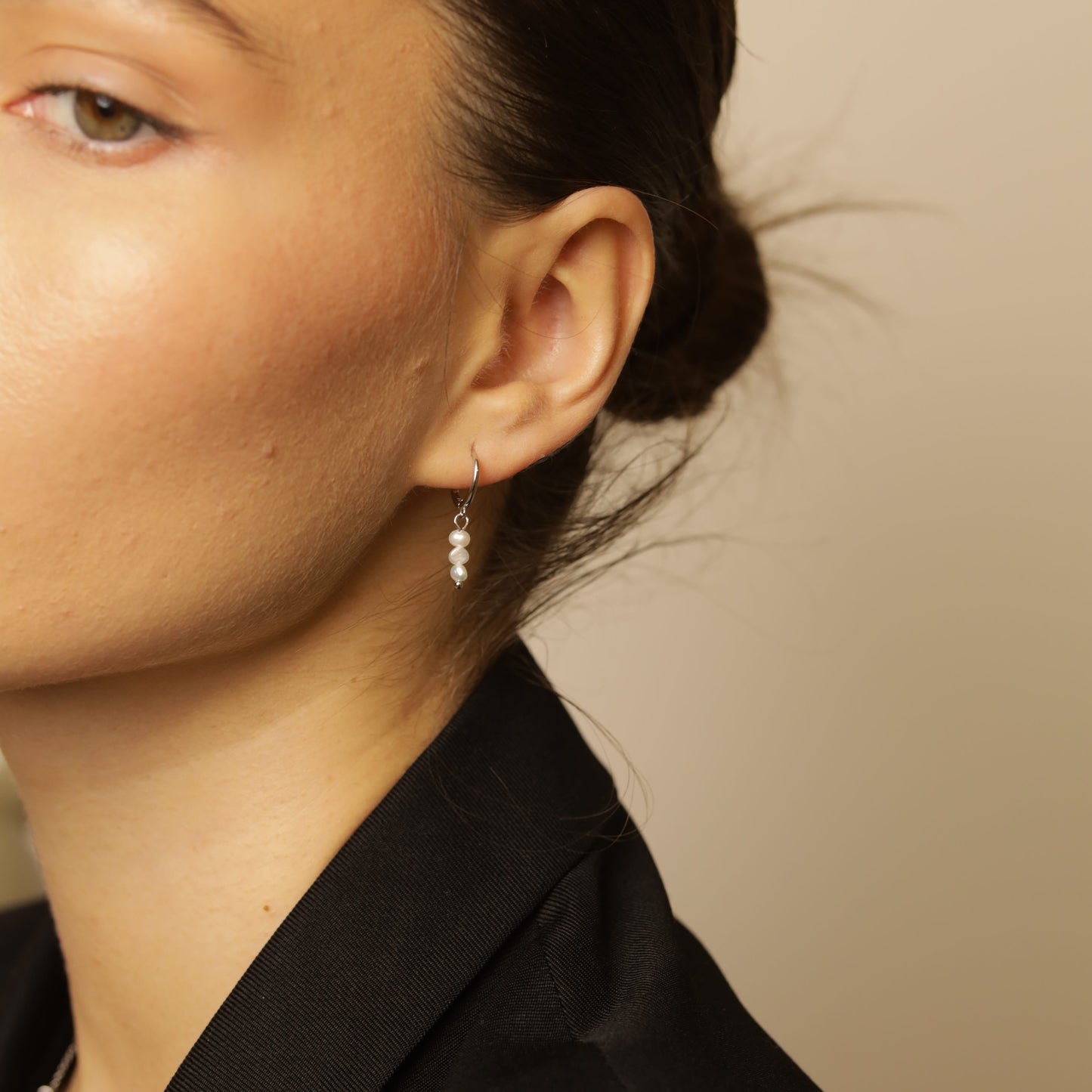 Mini Pearl Hoop Earrings, Silver photo