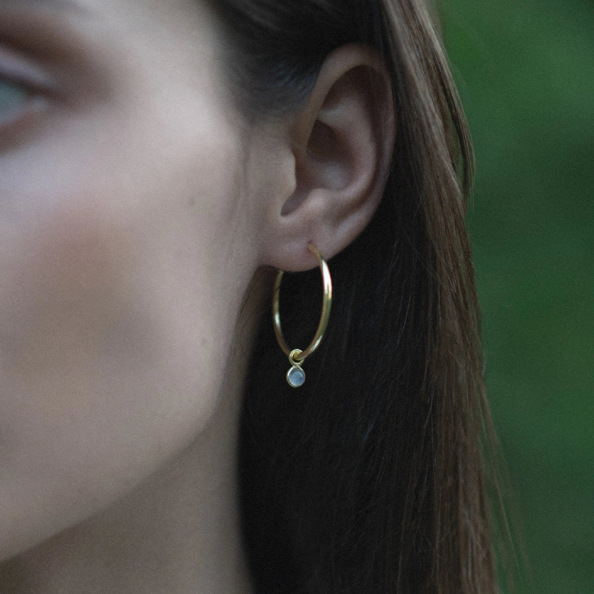 Muse Rainbow Moonstone Hoop Earrings with gold vermeil metal