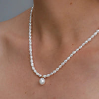 Necklace rice pearl 4mm, with drop pearl pendant, gold-filled photo