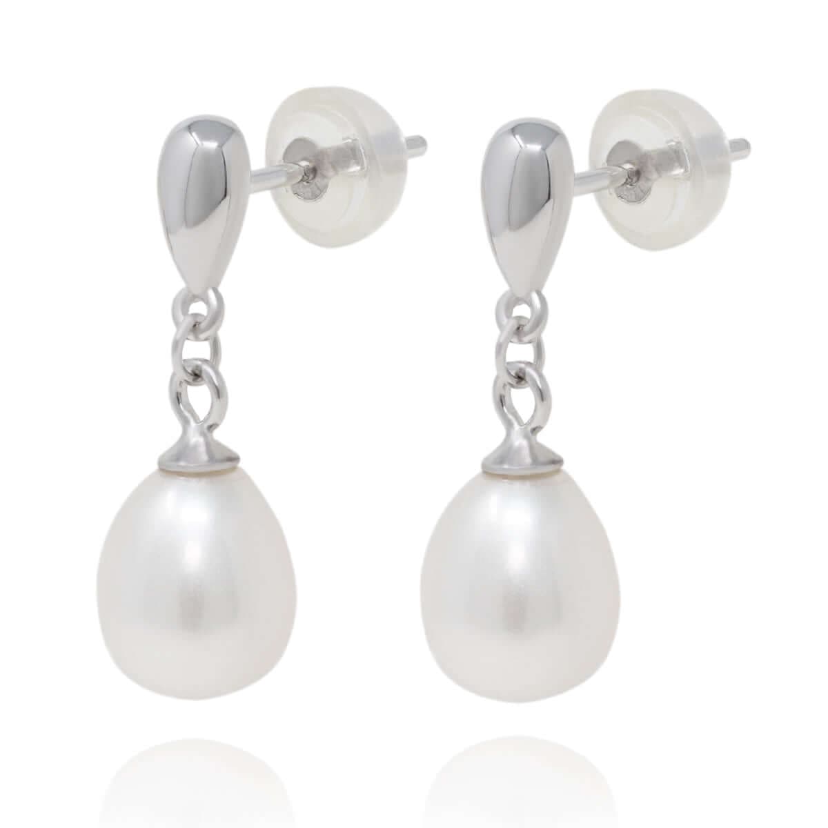Drop earrings with white rice pearl, silver photo