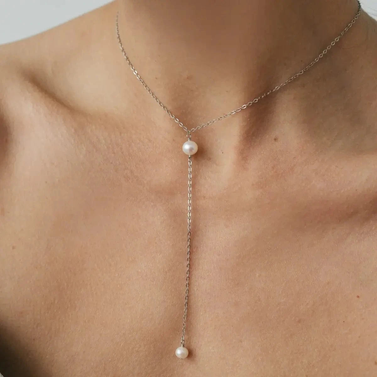 Necklace Chain with 2 pearls, silver photo