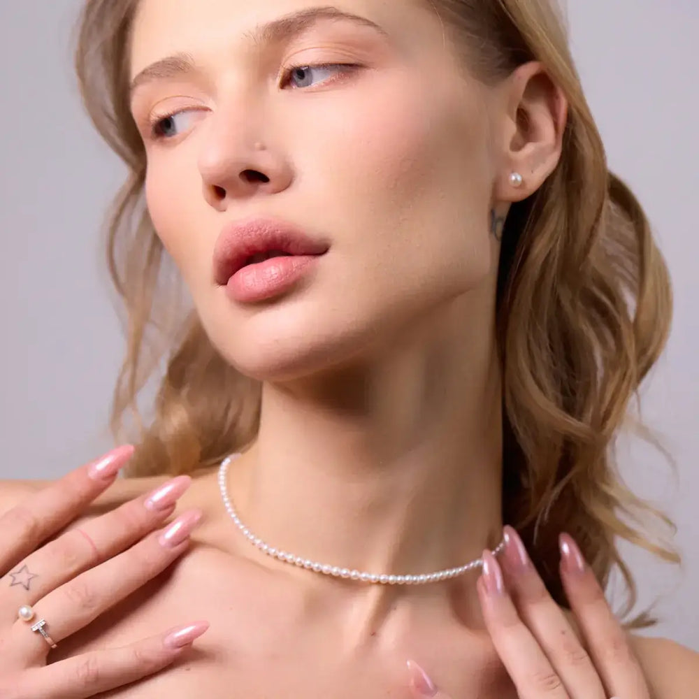 premium round pearl stud earrings, choker and ring 