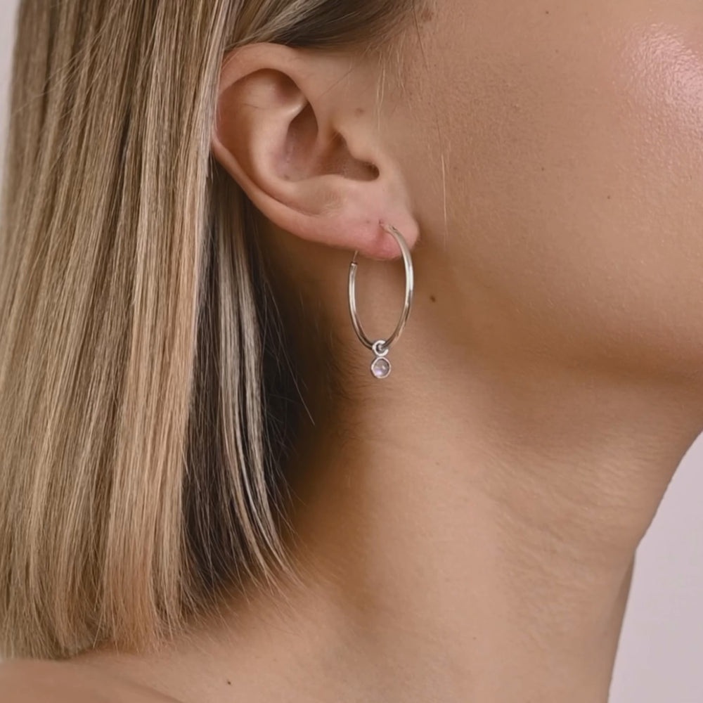 
                  
                    Load and play video in Gallery viewer, Hoop earrings with moonstone gemstone, silver metal 
                  
                