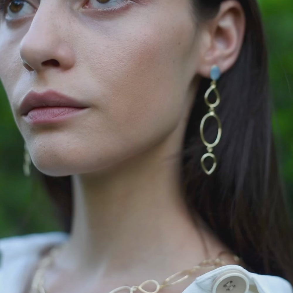 
                  
                    Load and play video in Gallery viewer, Gold-plated earrings with natural pear cabochon Aqua Chalcedony stone
                  
                