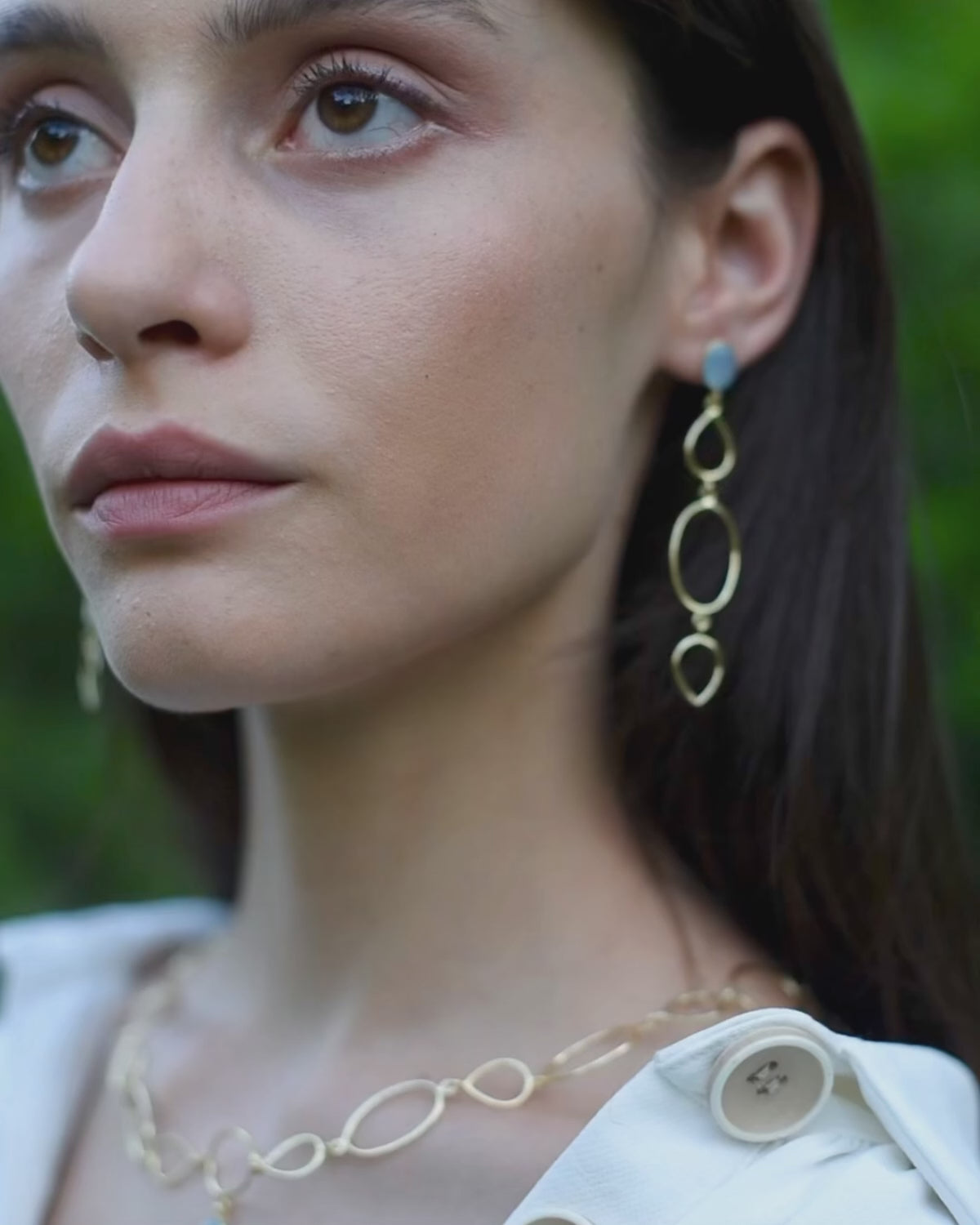 Gold-plated earrings with natural pear cabochon Aqua Chalcedony stone