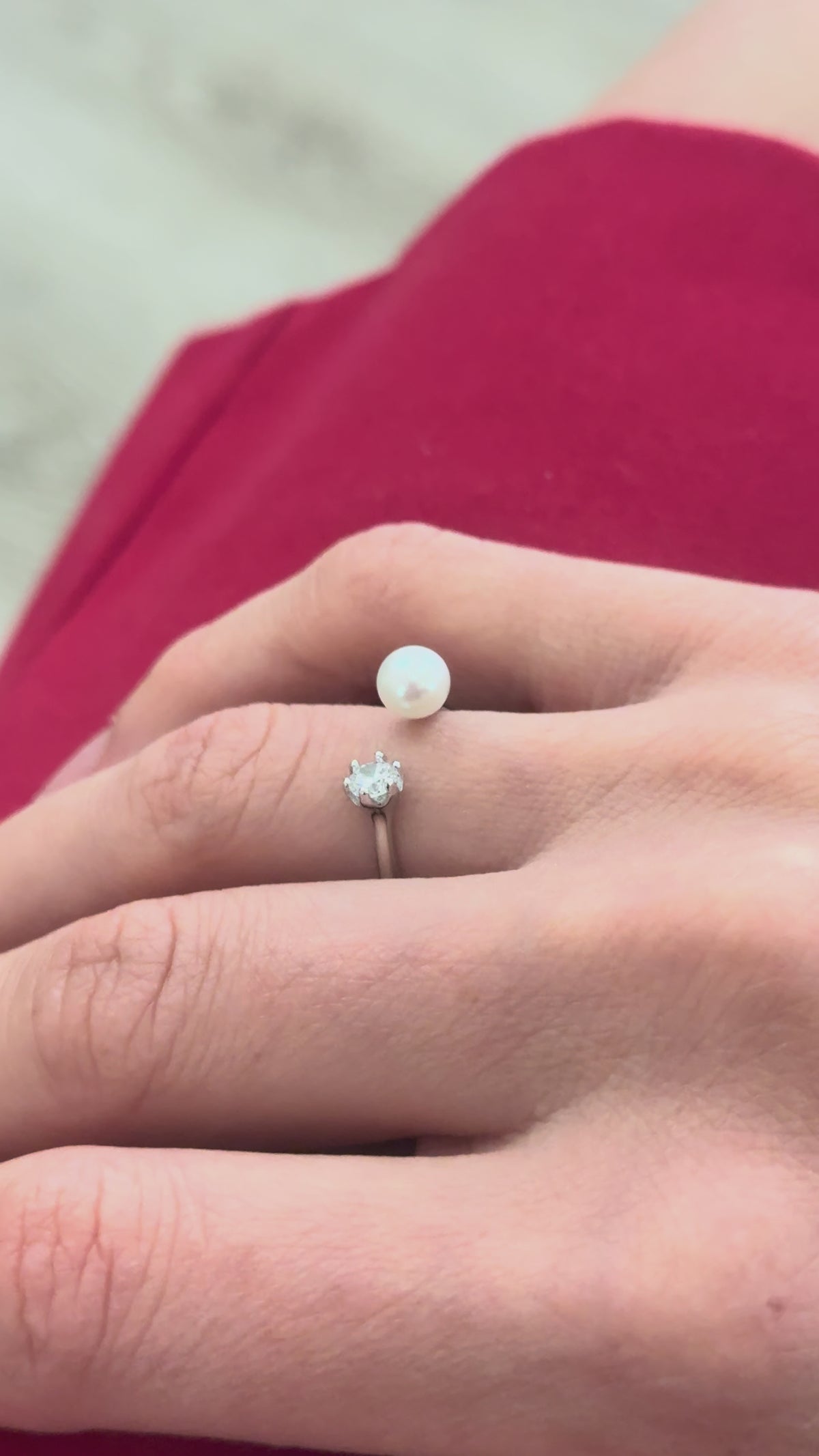 Duet Pearl & CZ Open Silver Ring