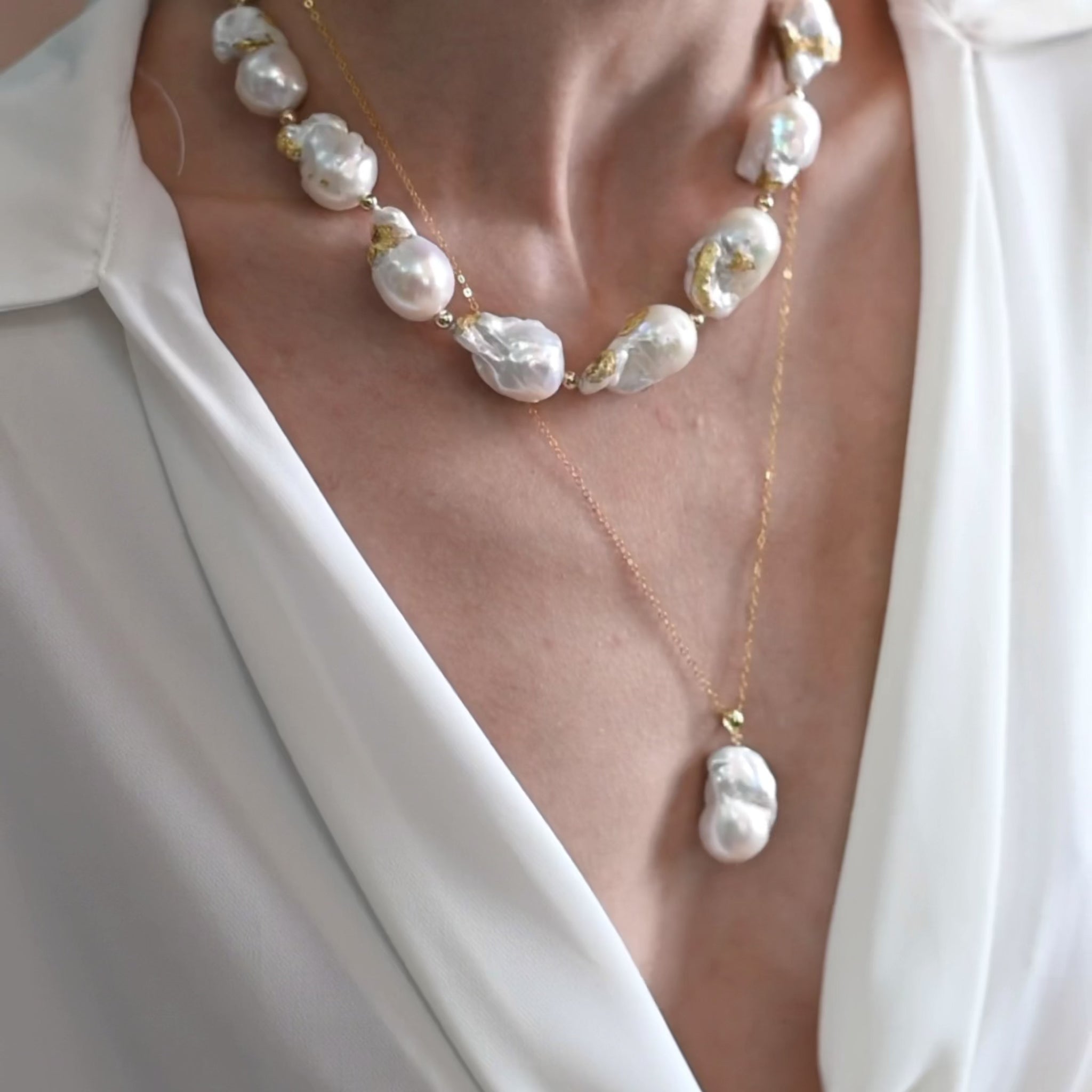 Gold-leaf necklace with white freshwater pearls and gold filled chain pendant