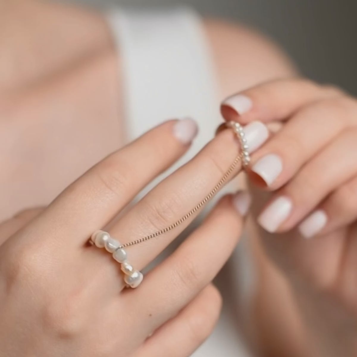 Natural White Pearl Double Ring with gold plated Chain