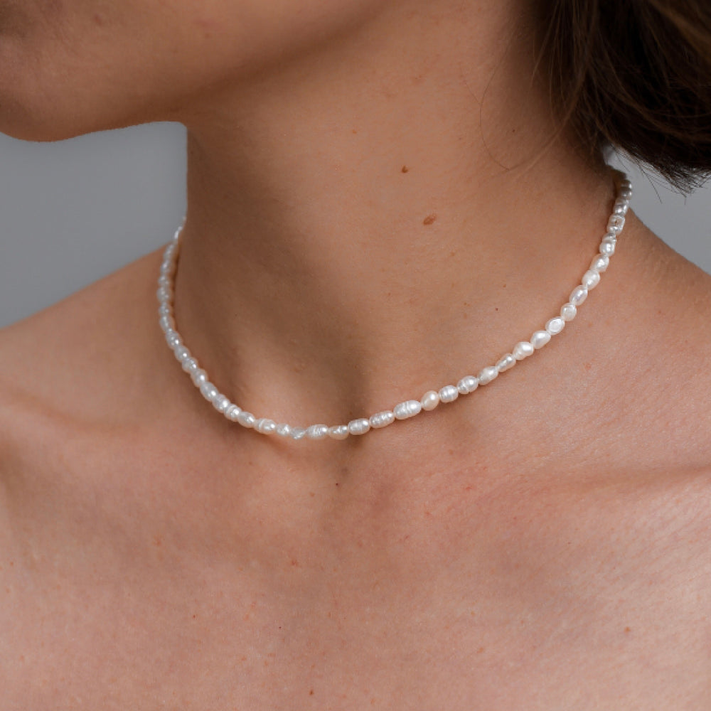 Rice baroque pearl choker 4 mm rhodium-plated silver